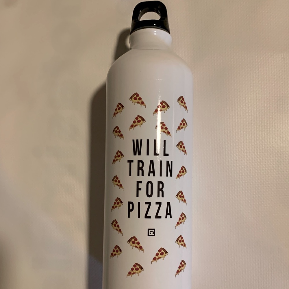 “WILL TRAIN FOR PIZZA” White Water Bottle! NEW in original plastic bag!
